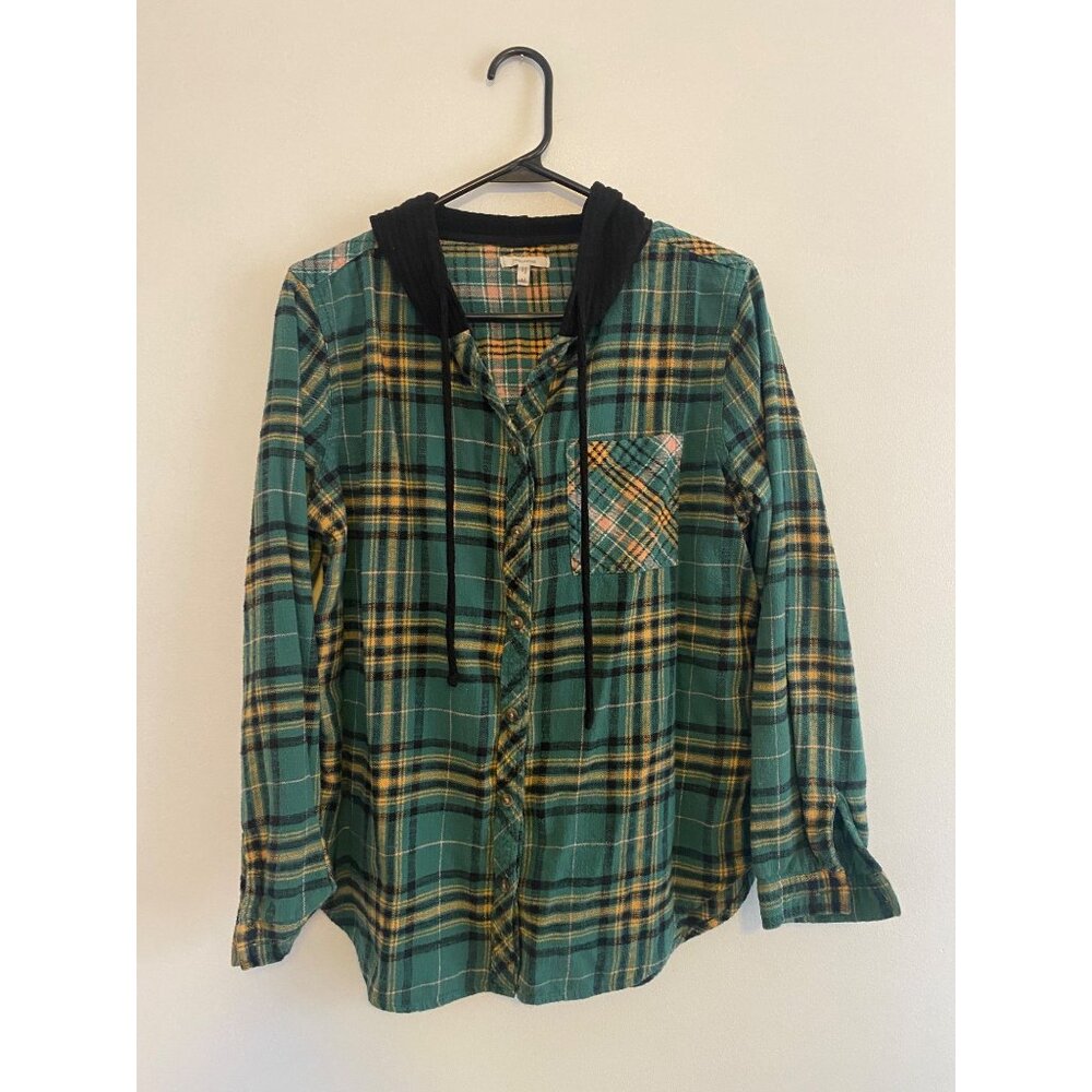 Maurices Women’s Plaid Button-Up Hoodie Shirt Green With Black Hood Size M